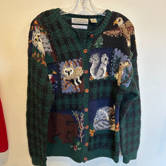 Signatures by Northern Isles Forest Animal Green Plaid Button Up Sweater Size L - Picture 1 of 2